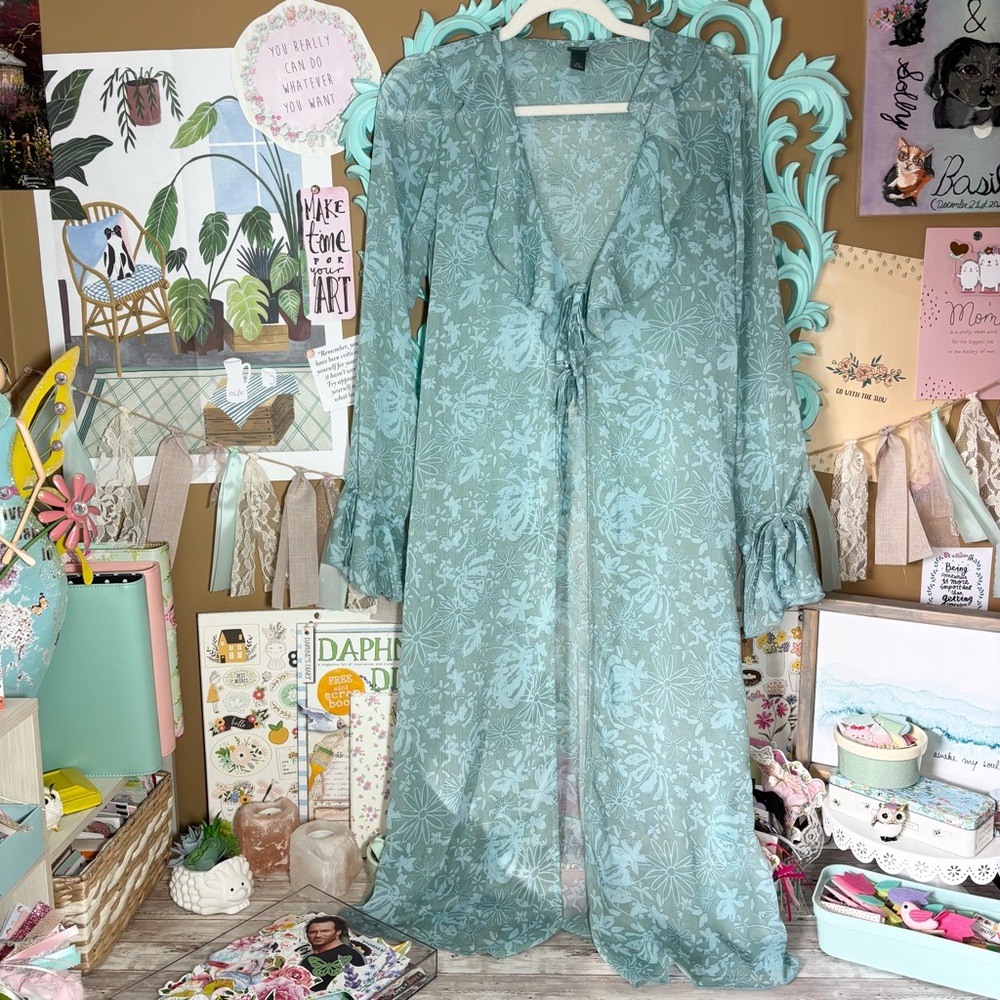 Wild Fable Sheer Floral Ruffle Duster Size XXS Kimono Robe Cover Up Blue Green